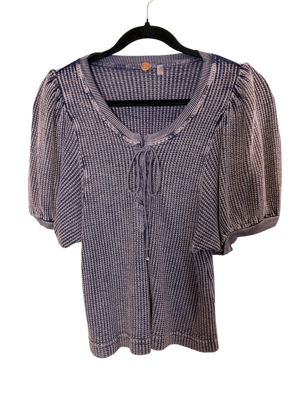 Free People Women’s Mineral Wash Cotton Waffle Puffy Sleeve Lace Front Top sz M